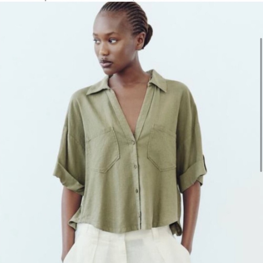 Zara Khaki Green button down short sleeve shirt - Picture 1 of 7
